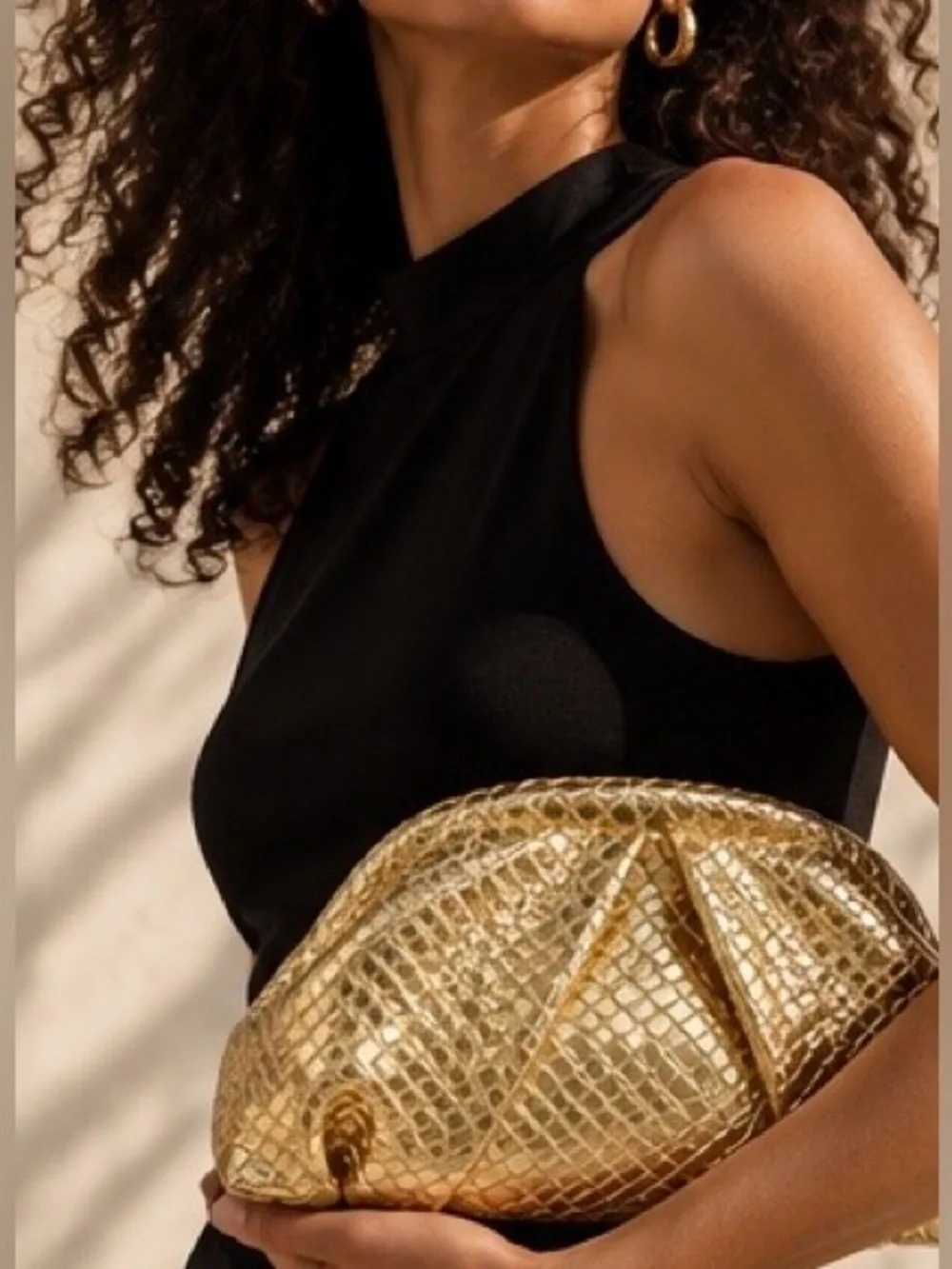 Gold Woven Leather Pouch Clutch Sculptural Evening Handbag